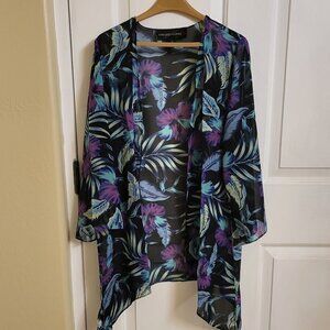 Colleen Lopez Women's  Small Jacket Black Blue Floral Chiffon Open Kimono NWOT